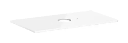 Weiße Konsole von Hansgrohe mit mittigem Ausschnitt für einen Aufsatzwaschtisch. Die Oberfläche ist hochglänzend.